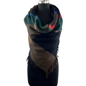 AVOCA Handweavers Black Brown Scarf Virgin Wool Plaid Fringe Edge Square Cut